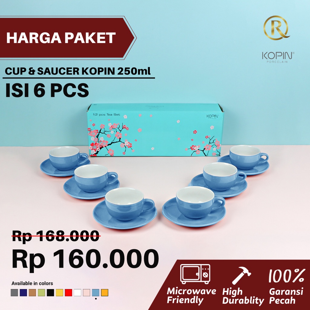 6 Sets Cup &amp; Saucer Coffee Tea Set 2 Warna Porcelain Keramik 250ml