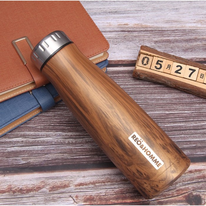 botol minum  Tumblr Wooden Stainless - Botol minum thermos RH-333 Tahan Panas - Brown wood(E9W0) Bot