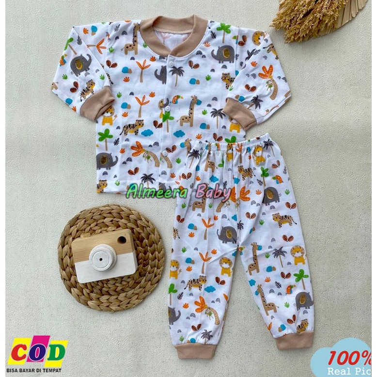 Setelan Baju Bayi Piyama Bayi Lengan Panjang Kancing Depan Motif Zoo Usia 3-12 Bulan Almeera Baby and Kids