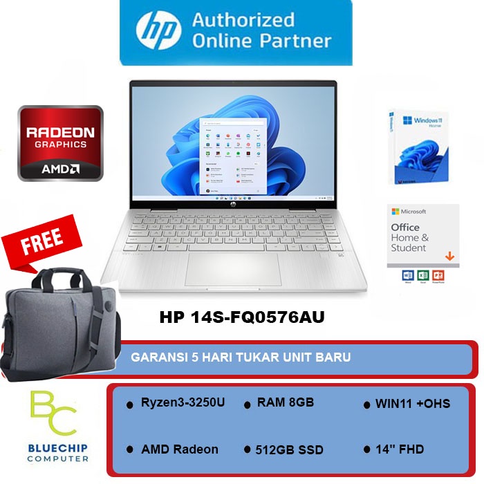 Laptop HP 14S-FQ0576AU - Ryzen3-3250U 8GB 512GB SSD 14" FHD WIN11 + OHS