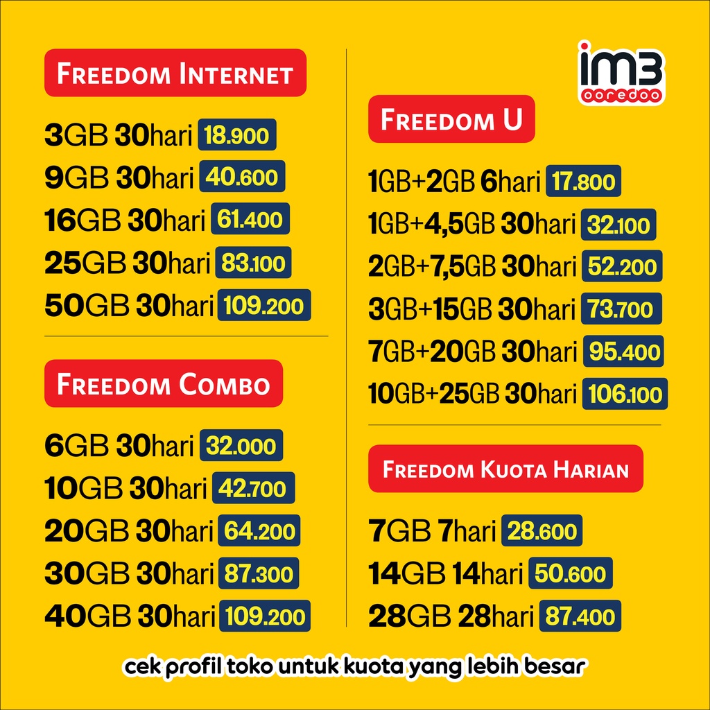 Paket Internet Indosat IM3 Freedom U Unlimited Combo Kuota Data 2GB 3GB 5,5GB 9GB 10GB 16GB 25GB 30GB 42GB 50GB Murah