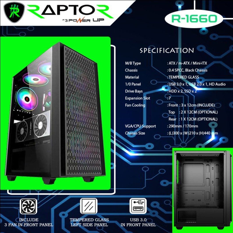 Casing Gaming Power Up RAPTOR 1660 include 3 FAN TAMPERED GLASS SIDE