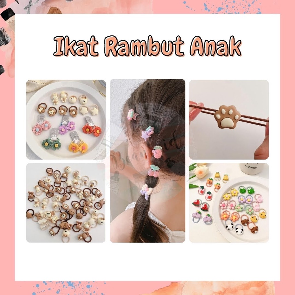 5 PCS / 5 BIJI Ikat Rambut Anak Cewek Ikat Rambut Mini Lucu Imut Unik Model Beruang Bunga Kue Ikat Kepang Ikat Ponytail Anak Kuat Elastis Childer Hair Ties