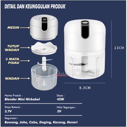 Mini Food Chopper Electric Charging USB 250 ml / Blender Portable Penggiling Bumbu Dapur Daging