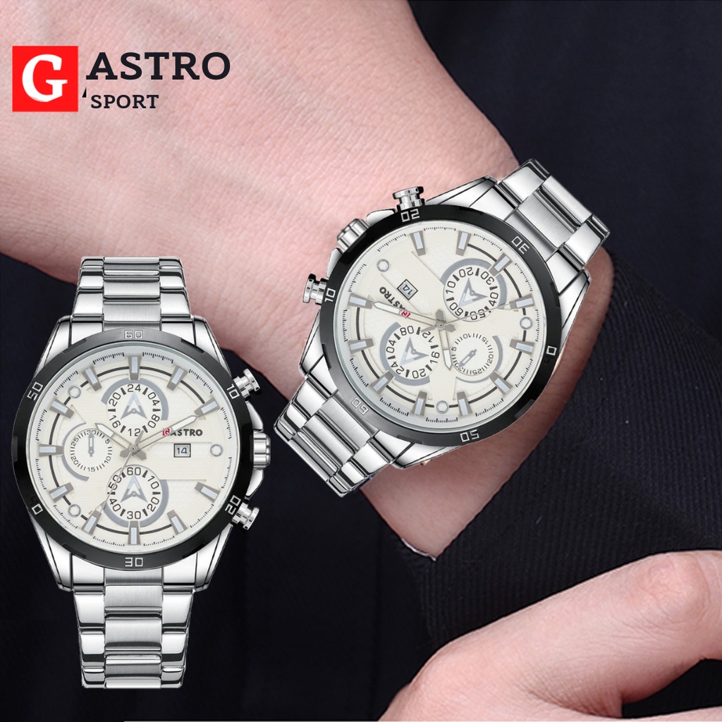 Jam Tangan Pria GASTRO 1596-A Rantai Stainless Tanggal Aktif Body Bulat Free Box l Jam Tangan Analog Kasual Pria