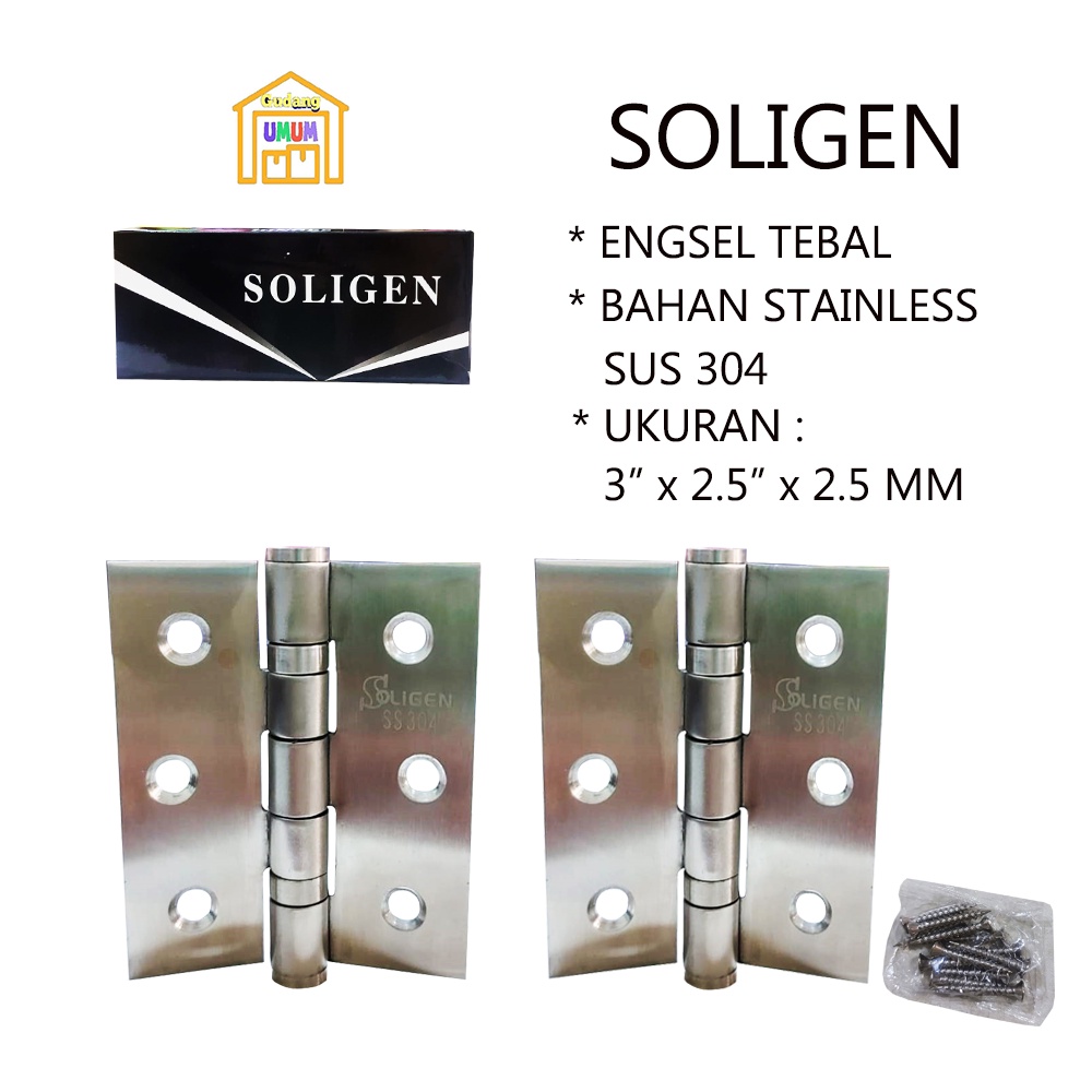 Engsel SUS 304 Tebal Stainless 3 Inch Soligen Engsel Pintu Jendela