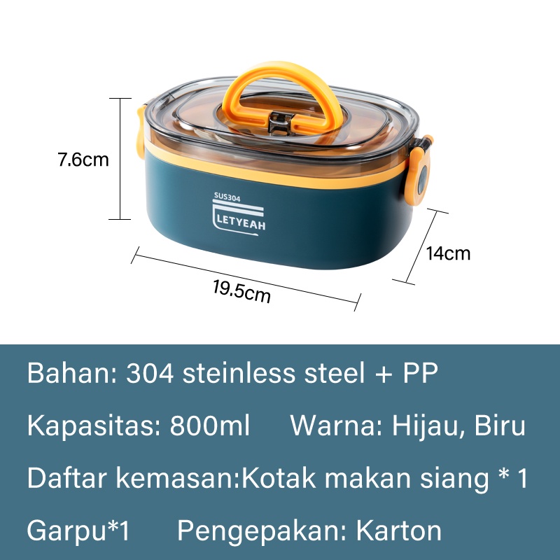 Letyeah &amp; Kaizenliving Bento Box Kotak Stainless Steel 304 Kotak Makan Dewasa Anak 800ML