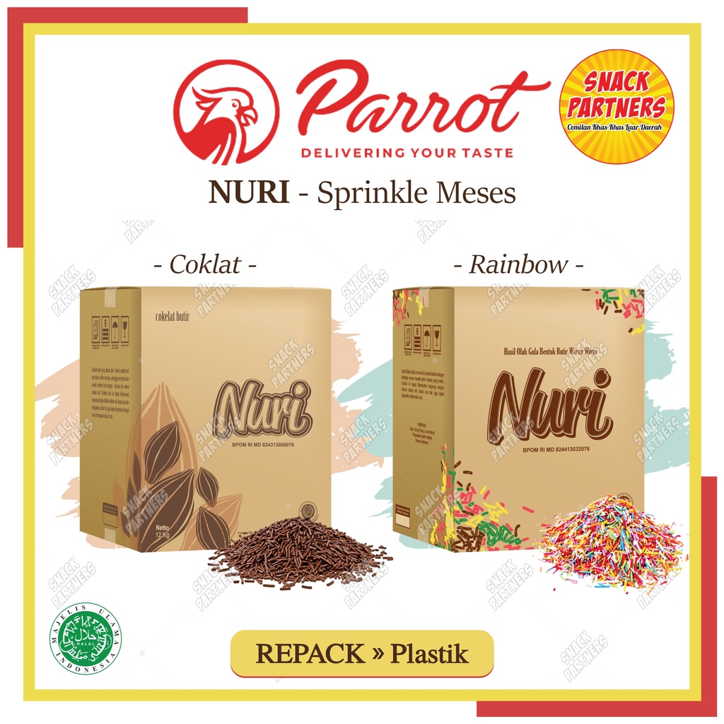 

NURI MESSES Repack 100 250 GR - PARROT Meises / Sprinkle Coklat Rainbow - Topping Meses Taburan Donut Roti Kue Cake Chocolate Pelangi Warna-Warni - Timbangan Kiloan - Toko Bahan Kue TERMURAH Springkle Chocorice Ceres Premium