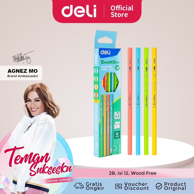 Deli Wood Free Pencil / Pensil 2B Isi 12 Ramah Lingkungan Bahan Daur Ulang EC28