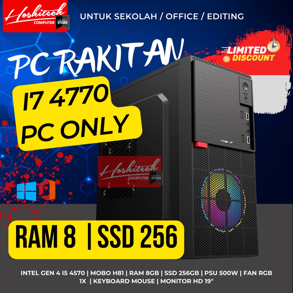 PC RAKITAN I7 INTEL 4770 RAM 4GB SSD 256GB MONITOR 19 INCH MURAH