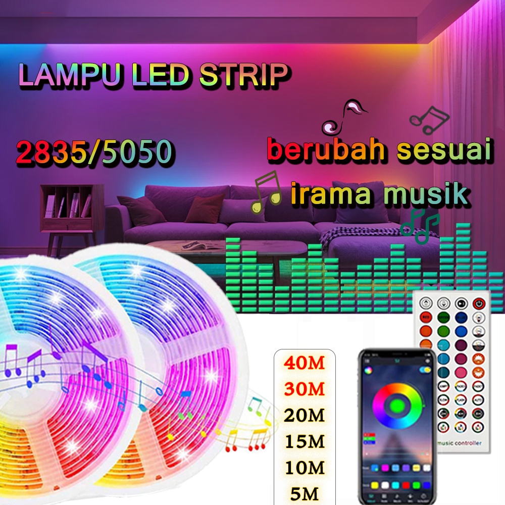 Lampu Led Strip -garansi 15 tahun- HP Fungsi sinkronisasi musik RGB 5050 2835 5M10M15M20M APP tahan air Sensor Music REMOTE LAMPU HIAS WARNA WARNI LAMPU KAMAR AESTHETIC  TUMBLR PLAFON