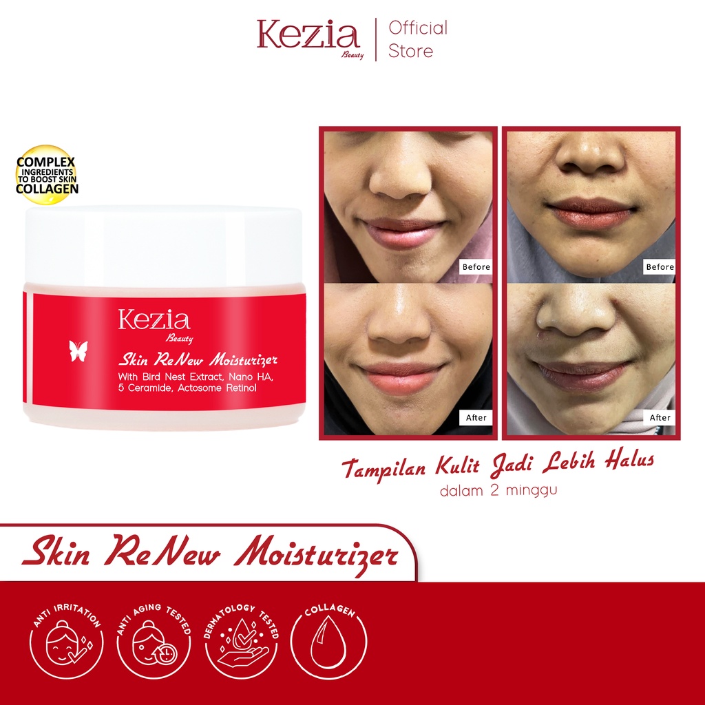 KEZIA Beauty Skin ReNew Moisturizer 30gr with Birdnest, 4 Peptide &amp; Nano HA - Pelembab Wajah Memperbaiki Skin Barrier dan Anti Aging