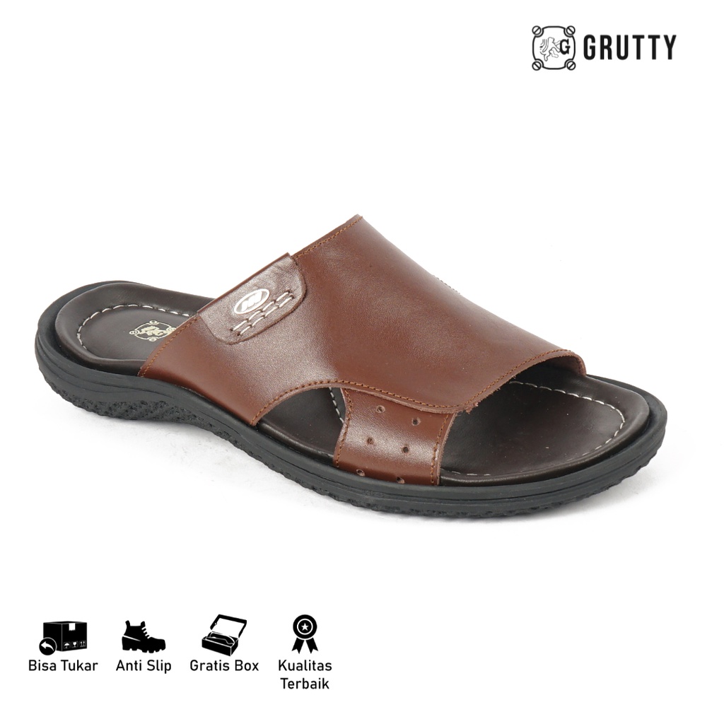 GRUTTY Sandal Pria Sendal Slide Kulit Asli Coklat 233