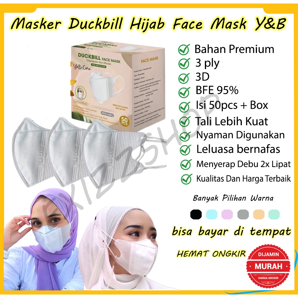 Masker Duckbill Hijab Face Mask Y&B Care Warna 3ply 50pc/box