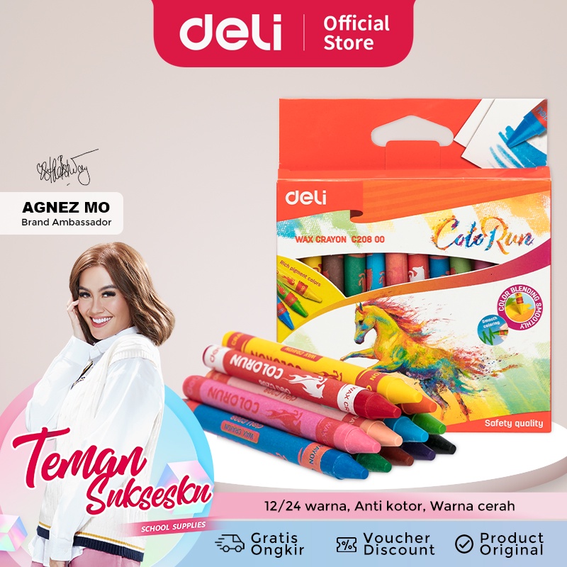 Deli Crayon Krayon Lilin 12 Warna Reguler/Jumbo Label Melingkar, Tangan Anti Kotor EC20800 EC20900