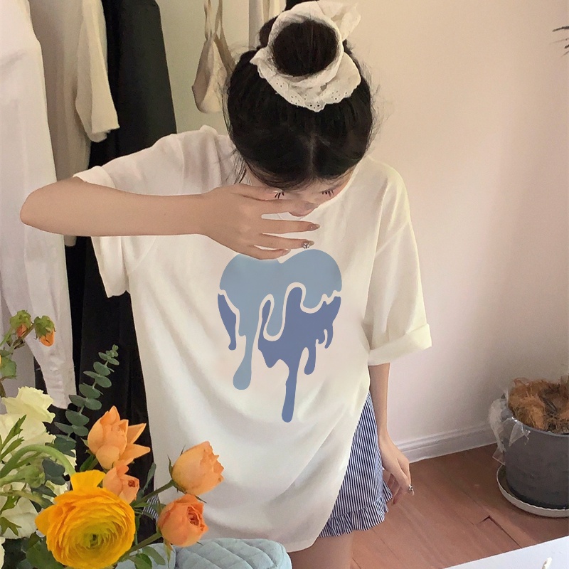 [3 Warna]Print T-shirt Kaos Lengan Pendek Blue Flow Heart Baju Wanita Oversize Korean Style