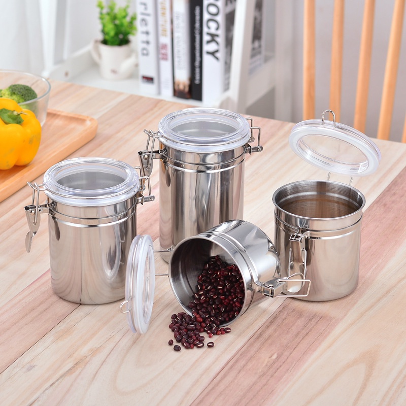 Toples Kedap Udara 1 Set Isi 4 Stainless Steel / Tempat Gula Kopi Bumbu Dapur 4inch/5inch / Toples Makanan