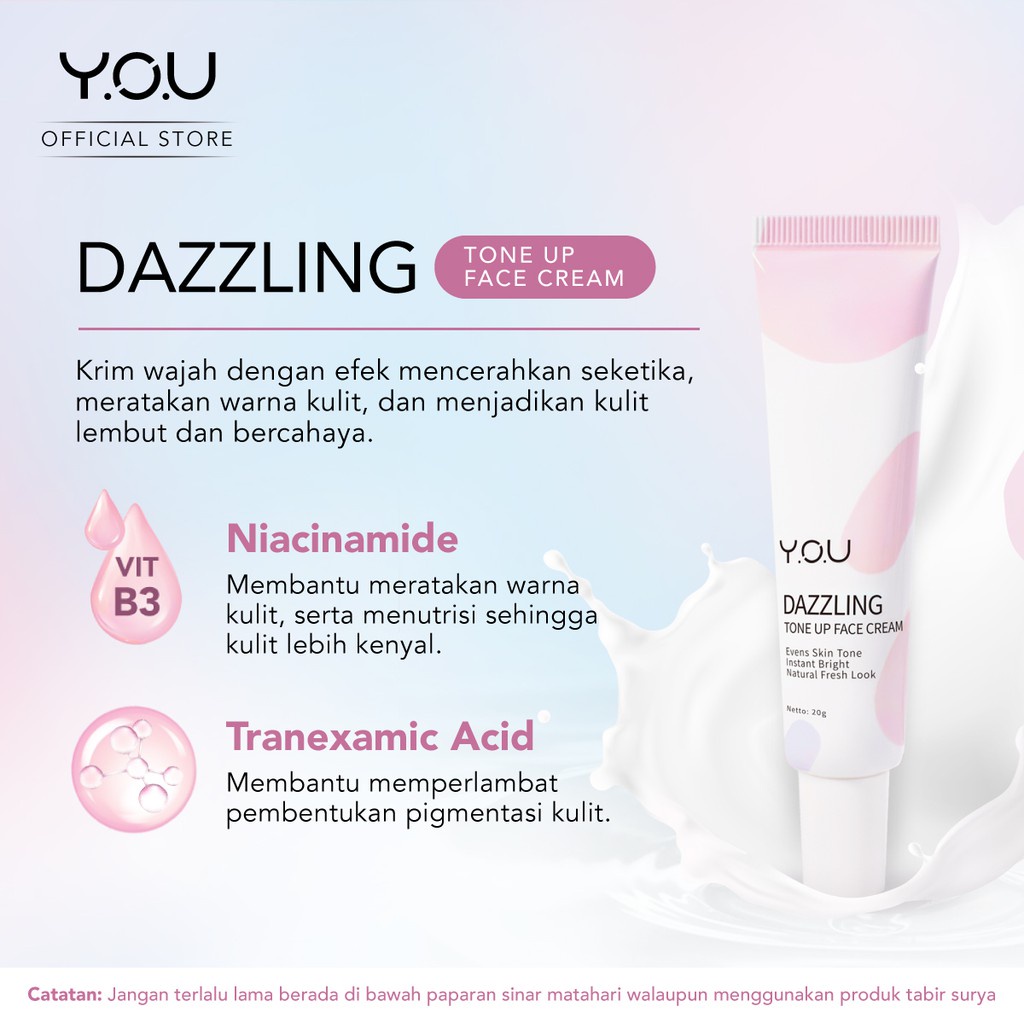 YOU Dazzling Tone Up Face Cream Indonesia / Pelembab Wajah 20g / Evens Skin Tone Instant Bright Natural Fresh Look / Bright All Day Soft Glowy Skin / Krim Mencerahkan / Skincare Face Care / Y.O.U Series Bundle / Facial Foam Toner Day Night Body Spray Set