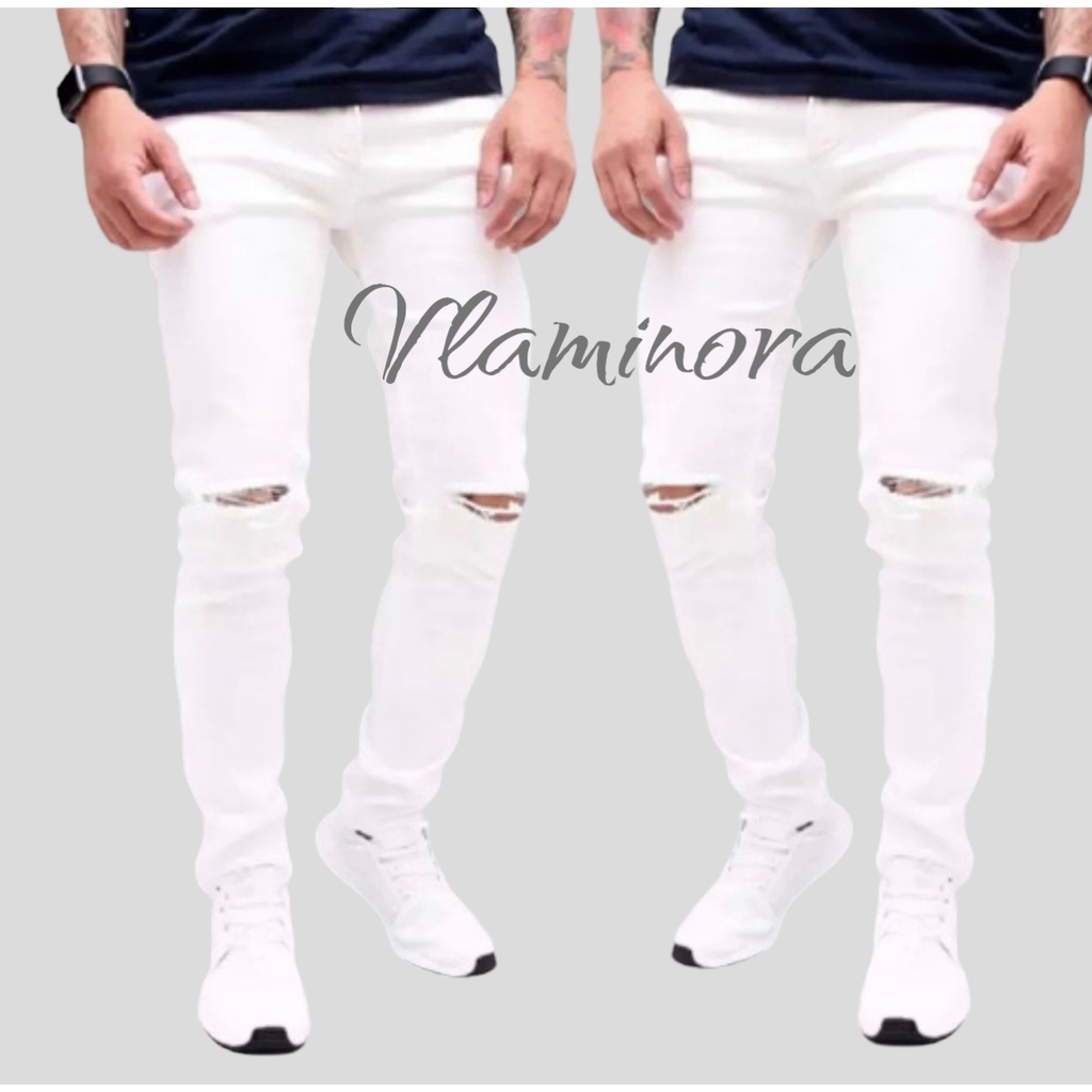 Celana Jeans Pria Sobek Lutut Warna Putih Distro Robek Skinny Melar Pensil Premium Quality Distro / 