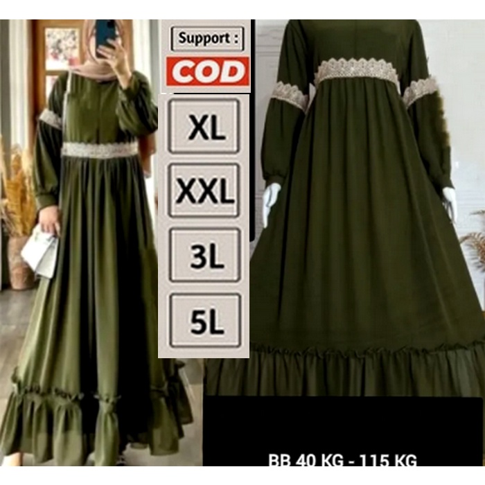 Gamis Dress Emak / Ibu Jumbo Renda Warna Hijau Army Simpel Modis Mewah Kekinian LD 120 130 140 2XL 3