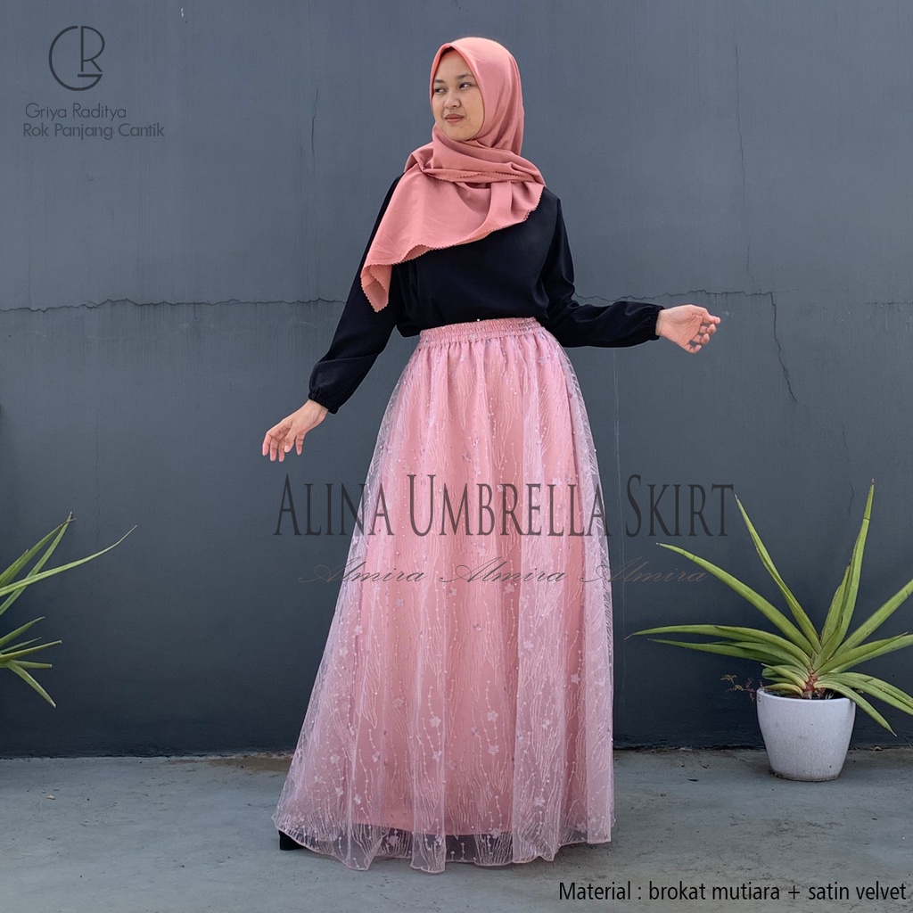 Rok Brukat Satin Payung  Kondangan Alina Umbrella Skirt Brokat Mutiara Almira Panjang 100cm Gratis Potong