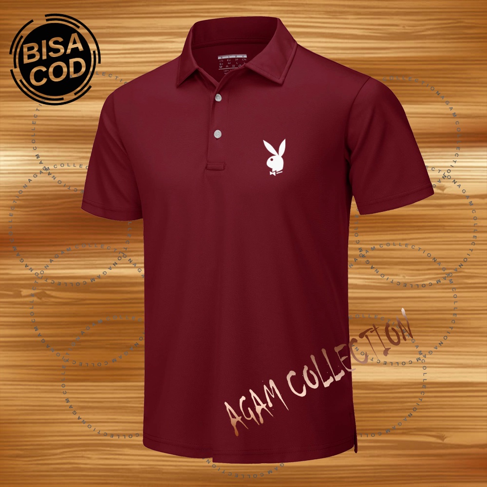 Agam Collection Baju Polo Kerah Distro Playboy Text Putih Lengan Pendek Premium Quality