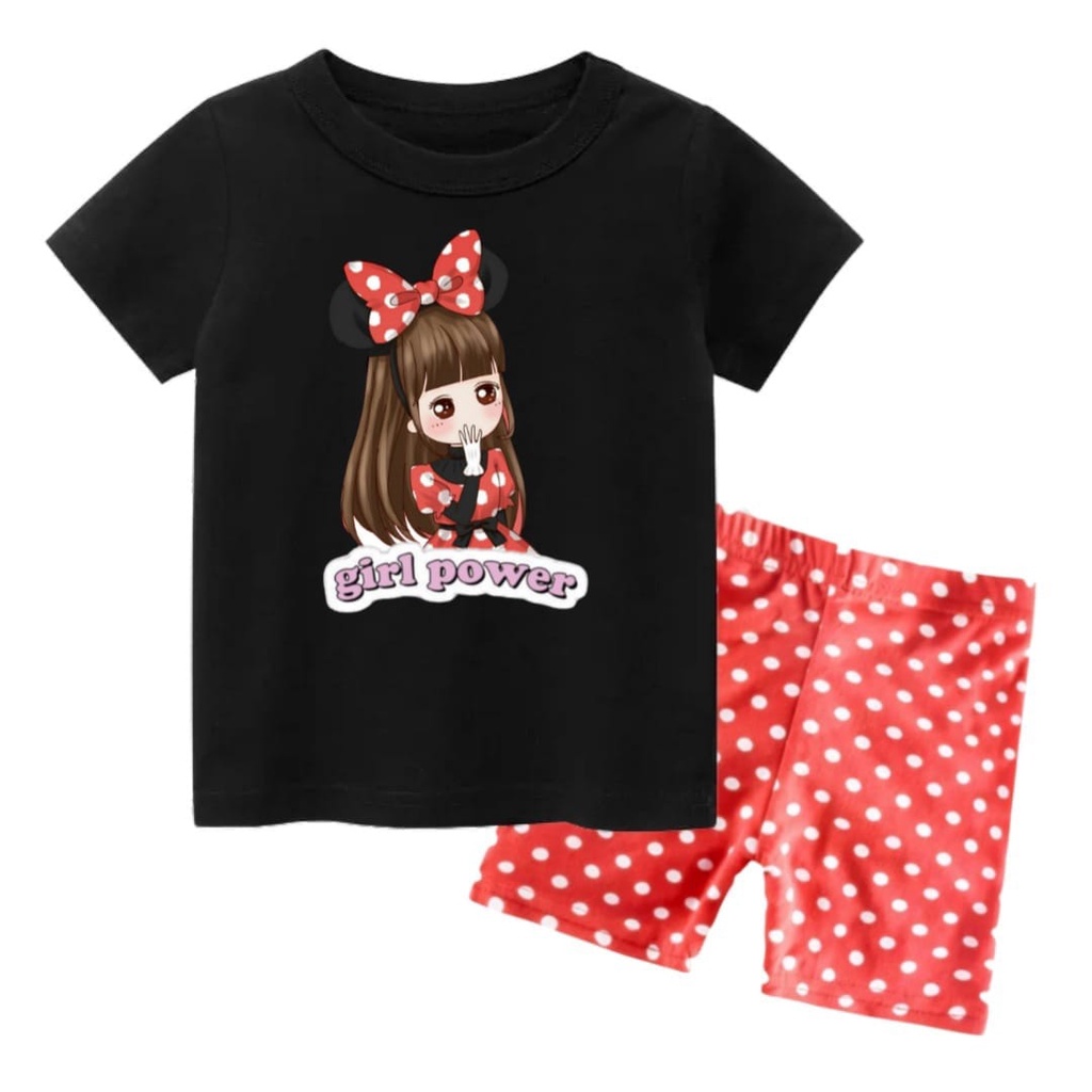 RDkidzid Set Pendek Anak Perempuan Setelan Lengan Pendek Anak Cewek Motif Power Girl Wrn