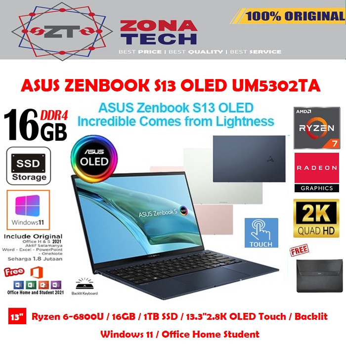 ASUS ZENBOOK S13 OLED UM5302TA - RYZEN 7-6800U - 16GB - 1TB SSD - 13.3”2.8K OLED TOUCH - WIN11 - OHS