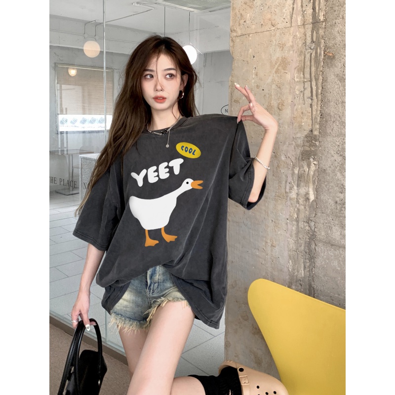 XIAOZHAINV Korean Style Cool Duck Pattern Washed Printing Kaos Wanita A0433