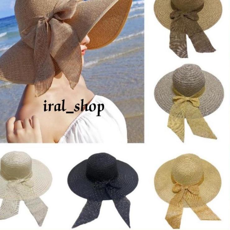 ✨SHOPEE MALL✨ Topi pantai rajut pita bintik emas Topi Pantai wanita Topi pantai rajut import terlari