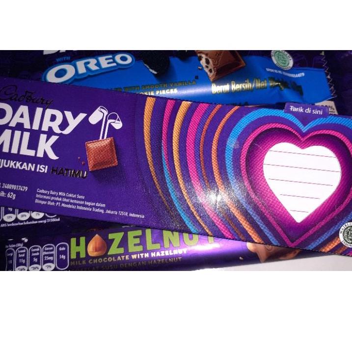 

Penawaran SpesialC7o2N Cadbury Dairy Milk ,CashewNut,Hazelnut 62gr, Oreo 60gr