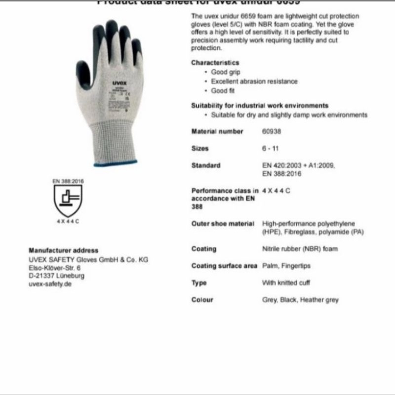 Sarung tangan pelindung tahan potong UVEX Unidur 6659 Safety Gloves Original