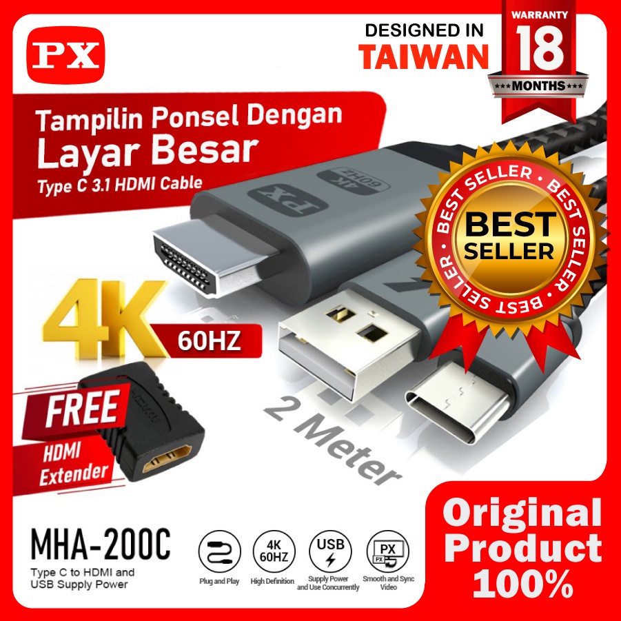 Type C USB Smartphone ke TV HDMI Kabel Converter PX MHA-200C 2 Meter HDMI Converter To Type C