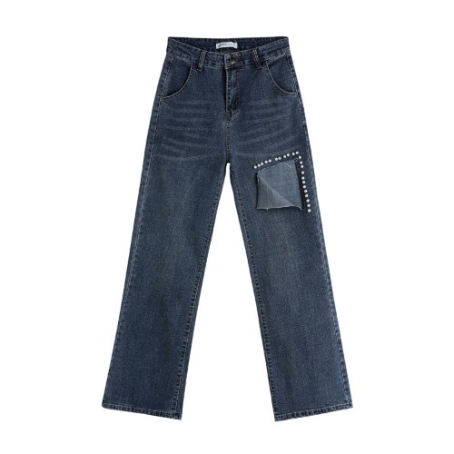 New high-waist loose retro straight-leg pants celana jeans sobek kekinian straight pants