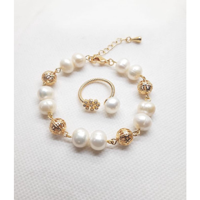 SET GELANG CINCIN MUTIARA ALAMI AIR TAWAR CINCIN BUNGA SALJU MUTIARA ALAMI GELANG MUTIARA BOLA RHODI