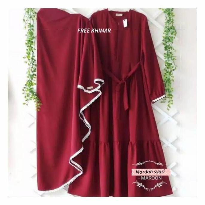 MURAH Gamis Dress Syari Busui Jumbo Polos Free Khimar MARDAH Warna MAROON