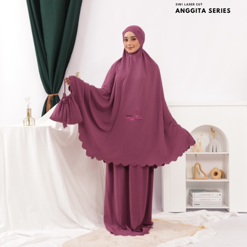 Anggita Mukena Dewasa Crincle Airflow Premium Polos Lasercut Jumbo Warna ( Greentea, Denim, Putih, Ungu Light, Mocca, Lilac, Dark Brown, Hitam, Abu Silver, Lavender ) Sakura