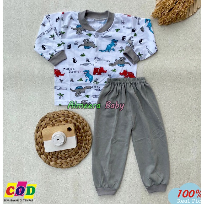 Setelan Baju Bayi Piyama Bayi Lengan Panjang Kancing Depan Motif Dinosaurus Usia 3-12 Bulan Almeera Baby and Kids