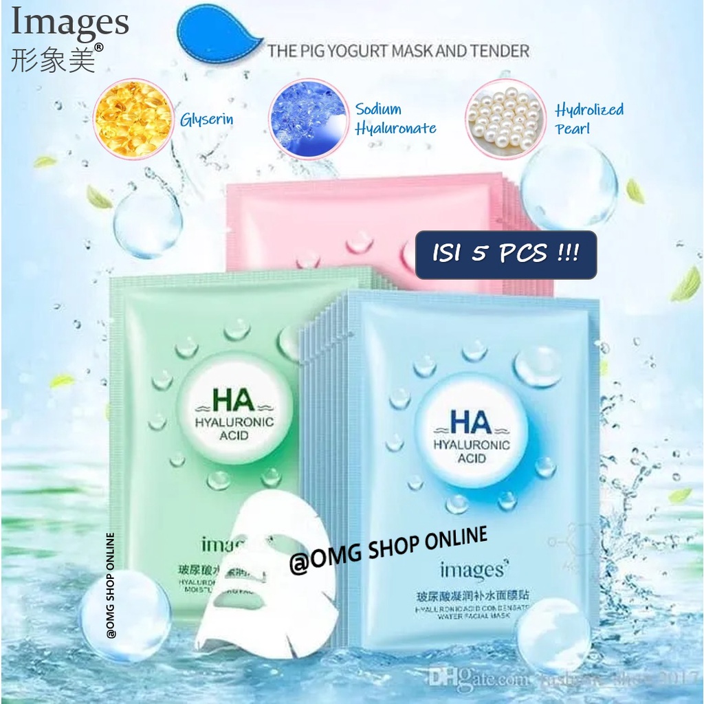 Isi 5 Pcs CAMPUR !! Masker Wajah Images HA Hyaluronic Acid Serum Glowing Facial Sheet Mask / Masker Wajah Pemutih dan Glowing Masker Muka / Masker Wajah Organik Korea Serum Wajah Pria Wanita Masker Wajah Komedo dan Pori Jerawat / Masker Wajah Viral