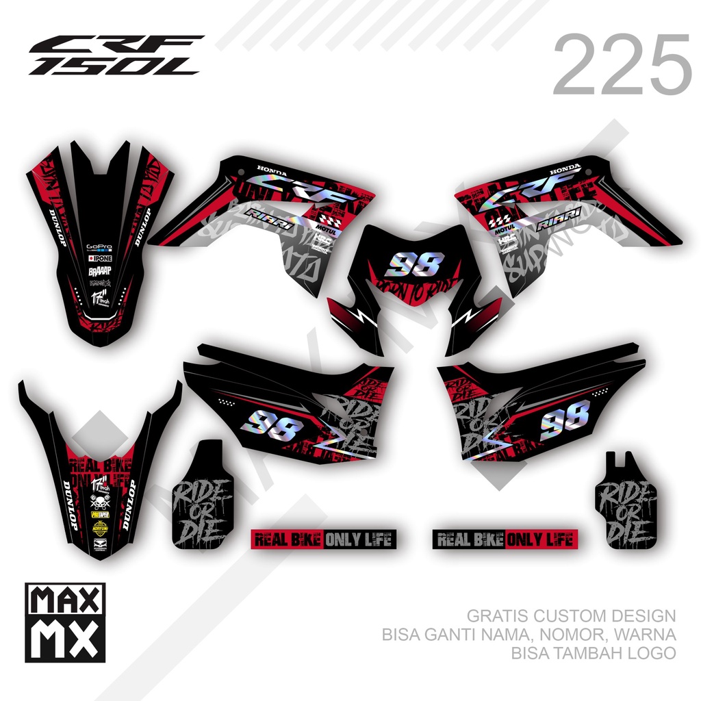 Decal Sticker - Stiker Dekal Honda CRF 150 L 225 SUPERMOTO TULISAN ABSTRAK HITAM MERAH cutting holog
