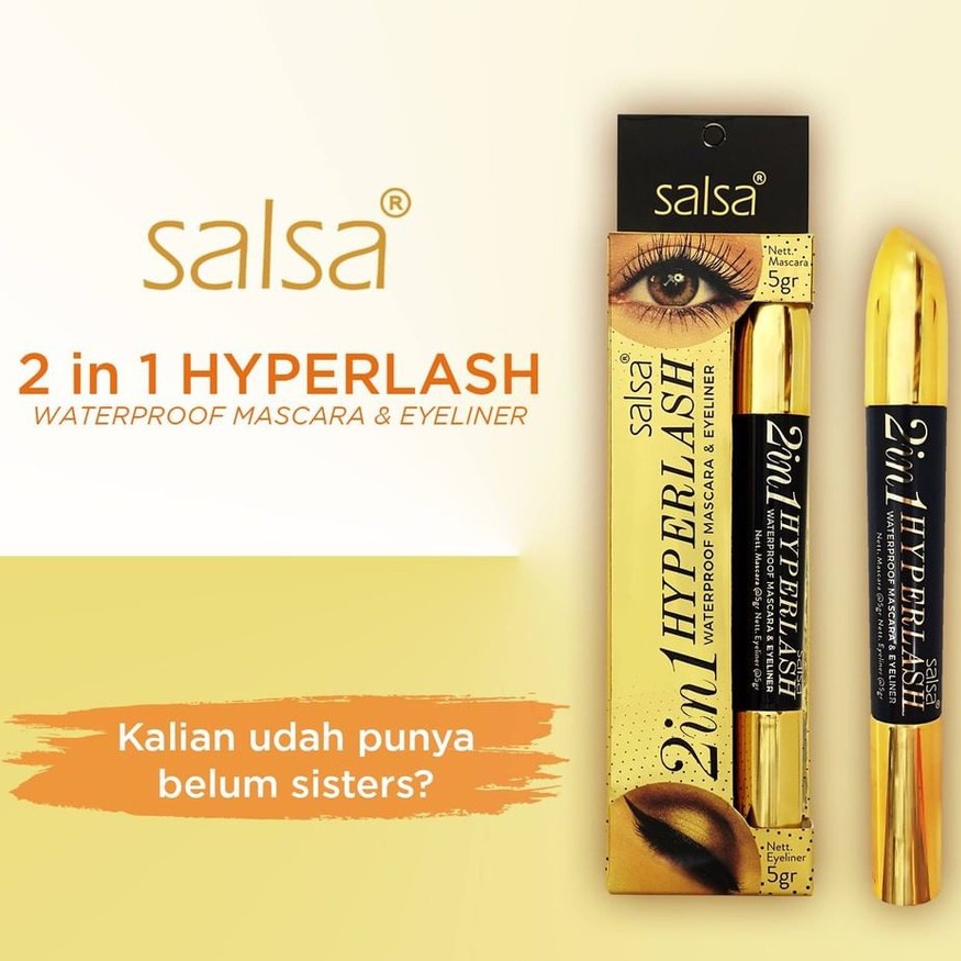 SALSA Mascara 2in1 Hyperlash Waterproof Mascara &amp; Eyeliner Indonesia / 5g / 2 in 1 Maskara Eye Liner Eyebrow Brow Bulu Mata Alis / Panjang Lentik Curly Anti Air Tahan Lama / Color Warna Black Hitam Pen Pencil Pensil / Cosmetic Makeup Eye Make Up Series