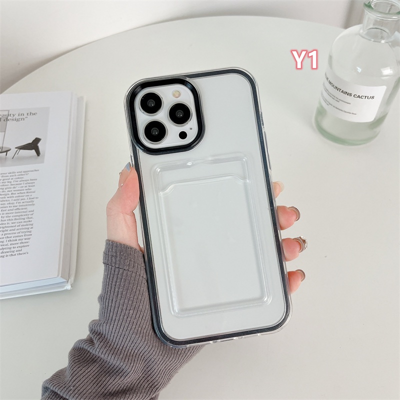 IPHONE Shockproof 3-in-1 Kartu Kredit Case Kompatibel Untuk Iphone11 13 12 14 Pro MAX 7Plus 8Plus XR 7-8 6 6S Plus X XS MAX SE 2020 Bening Padat Murni Warna Permen Penuh Melindungi Soft Case