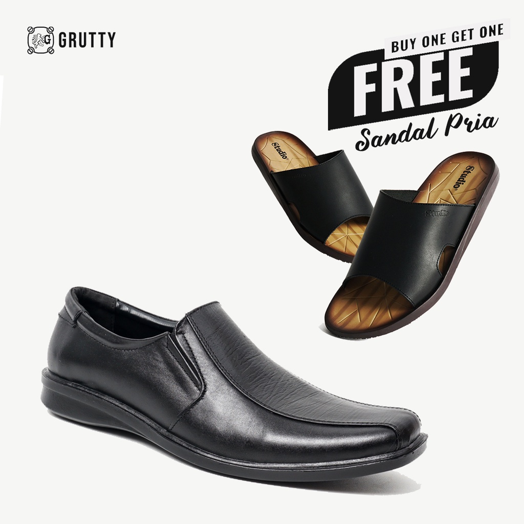 Sepatu Pantofel Pria Slip On Kulit Asli Formal Terbaru GRUTTY DC007 Hitam