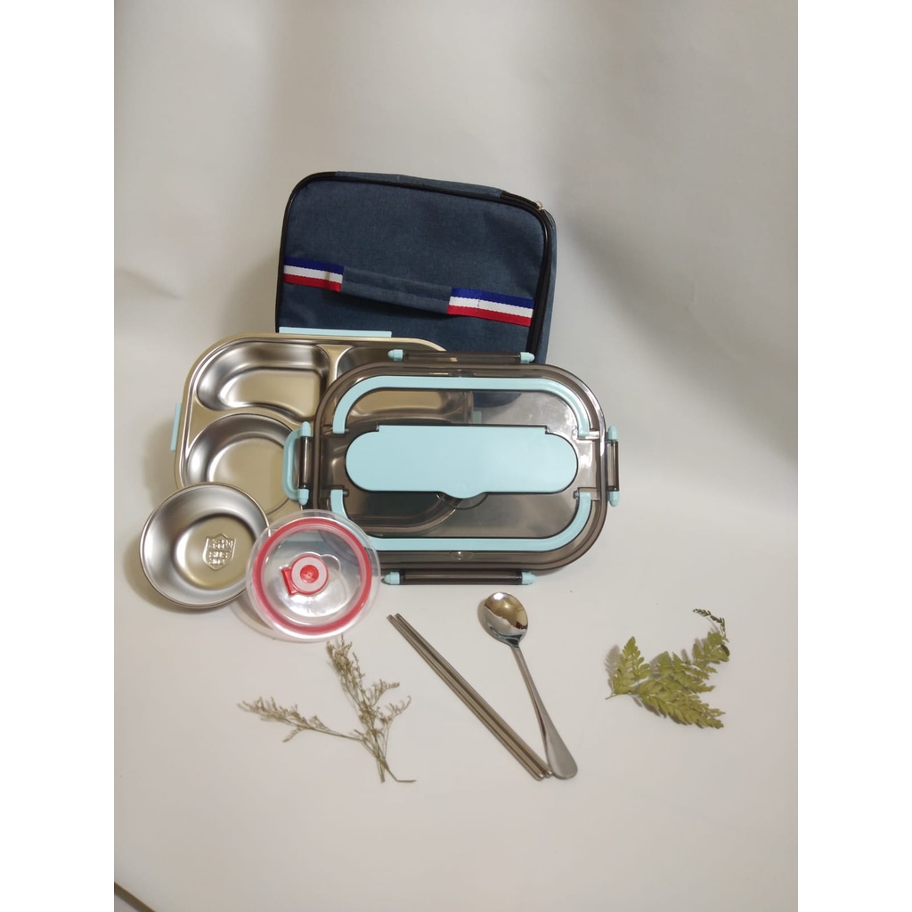 New Lunchbox Stainless 2 Gagang Handle / Kotak Makan 4 Sekat Set Mangkok Soup BPA FREE