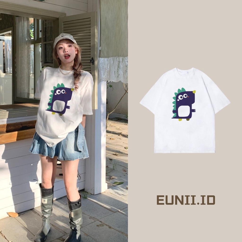 EUNII T-shirt Lengan Pendek Cartoon Dinosaur Korean Style/Kaos Atasan Wanita/Baju Kaus Oversize Wanita/Kaos Wanita