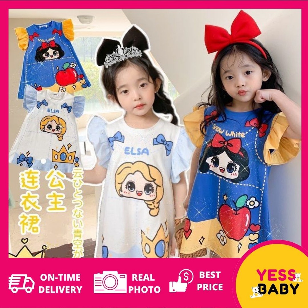 YESSBABY SIZE(90-140)Kaos COCO PRINCESS Dress Anak Perempuan Bayi Putri Kartun Anak Cewek Gaun Berusia 1-7 Tahun Kaos Snow White Frozen Elsa