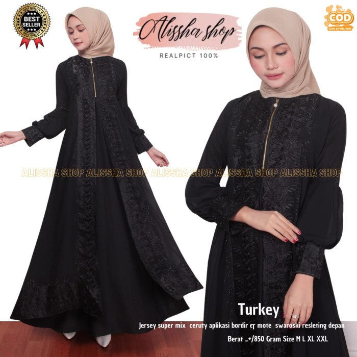 Gamis Gamis Abaya Turkey HITAM Jersy mix Ceruty Premium mote Terbaru 2021 - Hitam, M(Y3F4) Gamis Aba
