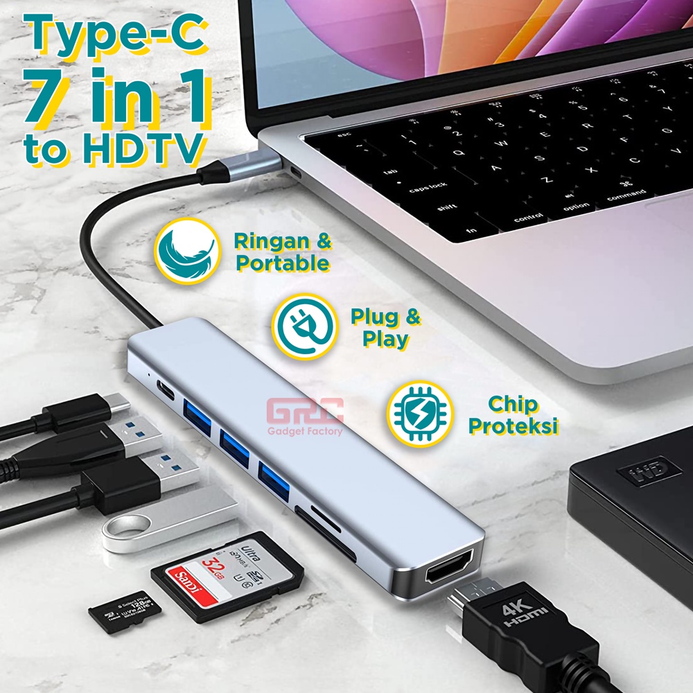 Adapter HUB Converter Type C to 7 Port HDMI USB PD TF SD Card 7 in 1