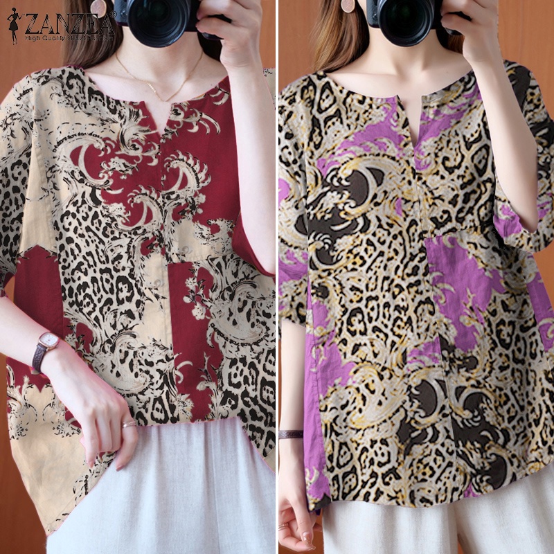 ZANZEA Women Round Neck Half Sleeve Leopard Print Blouse