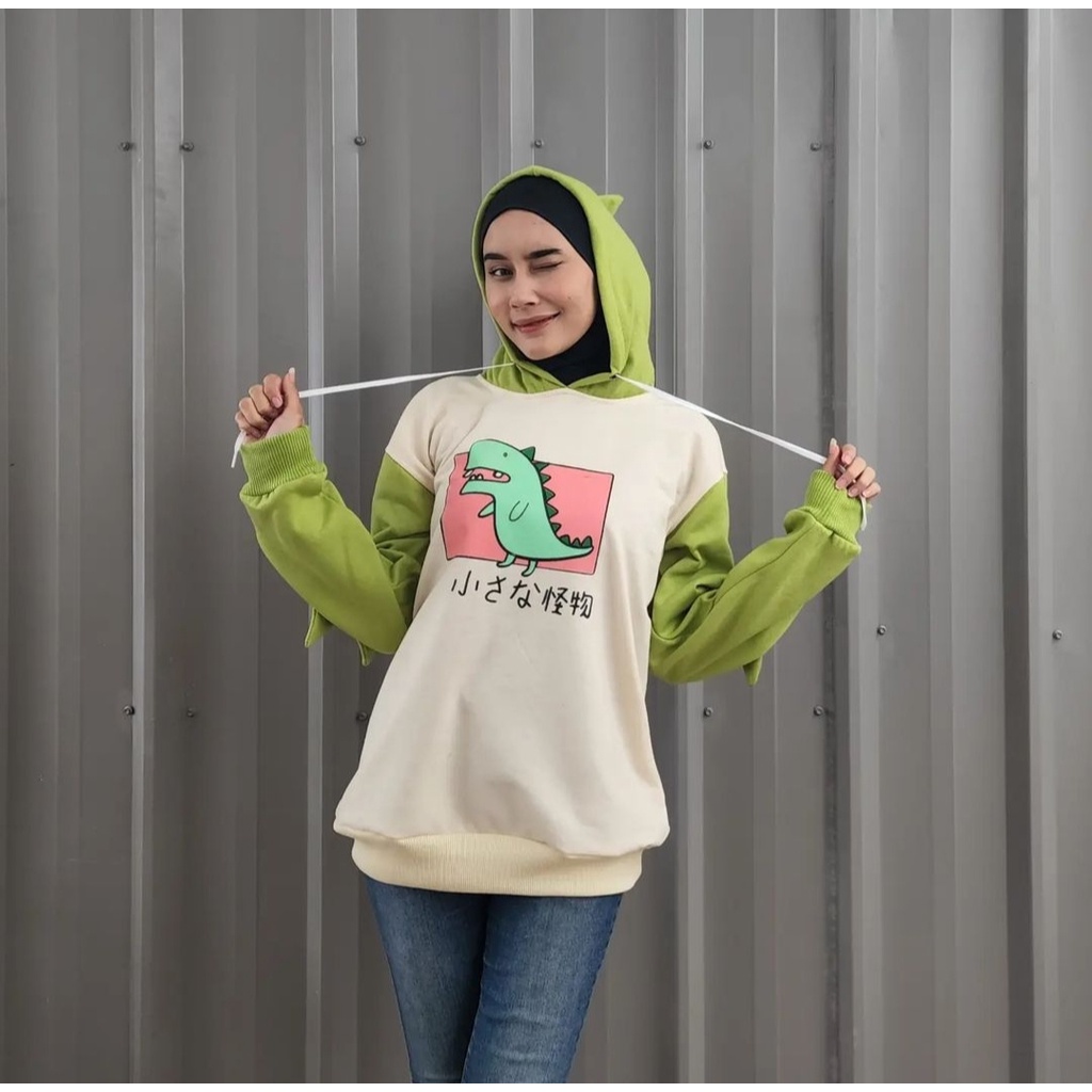 DINOS HOODIE SWEATER WANITA OUTFIT KOREAN STYLE ATASAN JUMPER MOTIF LUCU HOODIE CUTE GIRL